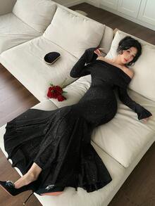 DAZY 优雅亮片露肩鱼尾中长连衣裙，秋季女装 - 黑色 - 查看 6