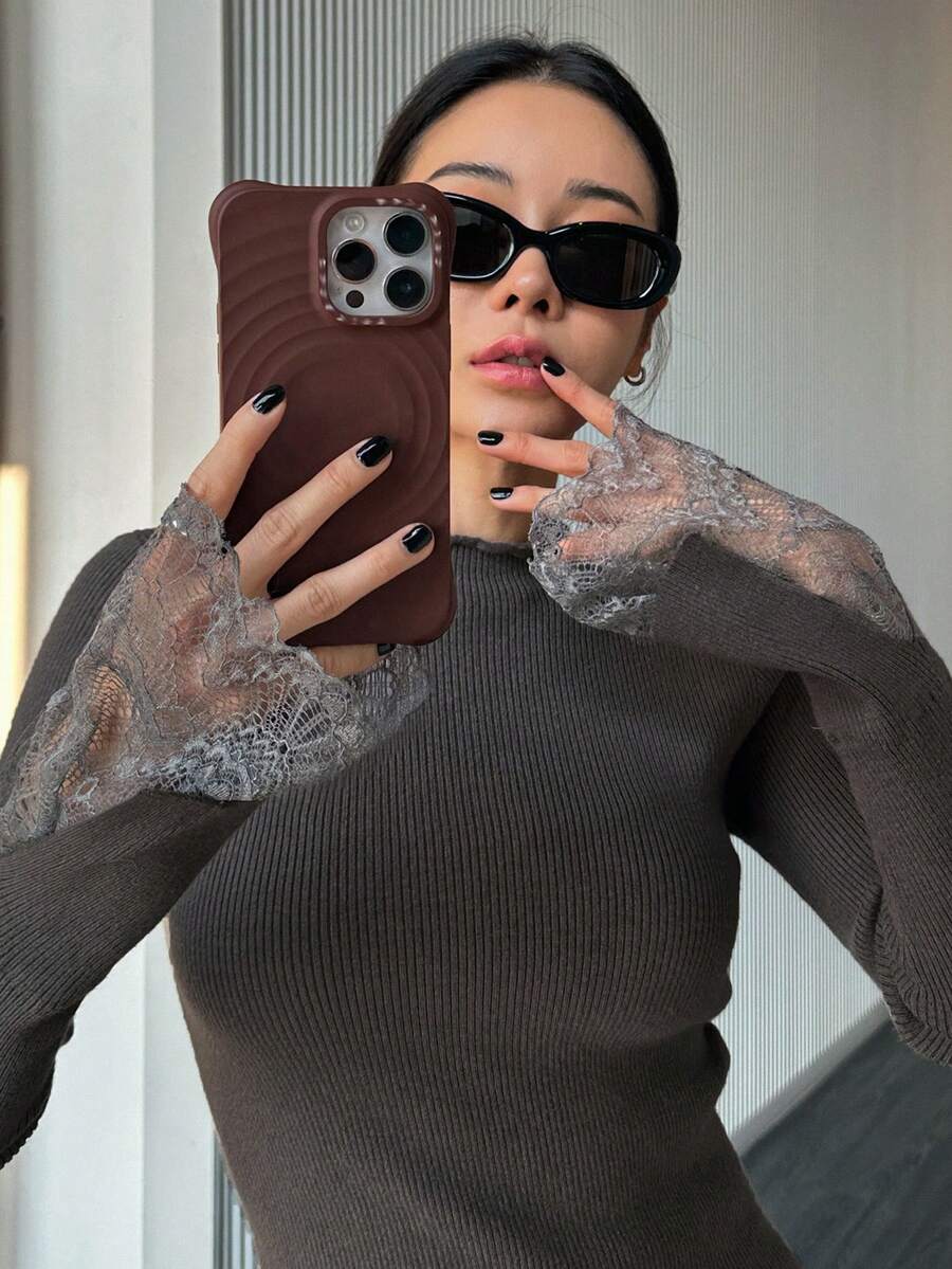 DAZY Women Lace Patchwork Fitted Long Sleeve Pullover Sweater,Fall Clothes