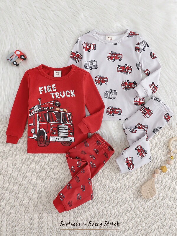 Cozy Pixies 4pcs Baby Boy Snug Fit Pajama Set, Cartoon Car Print Soft Knit Crew Neck Long Sleeve Top And Elastic Waist Long Pants Baby Boy Pajama Sets Baby Unisex Clothes Sets 2pcs Newborn Baby Boy Car Print Romper With Long Sleeve Long Pants Long Sleeve Sets For Baby Boys 0 3 Baby Boy Fire Truck Clothing