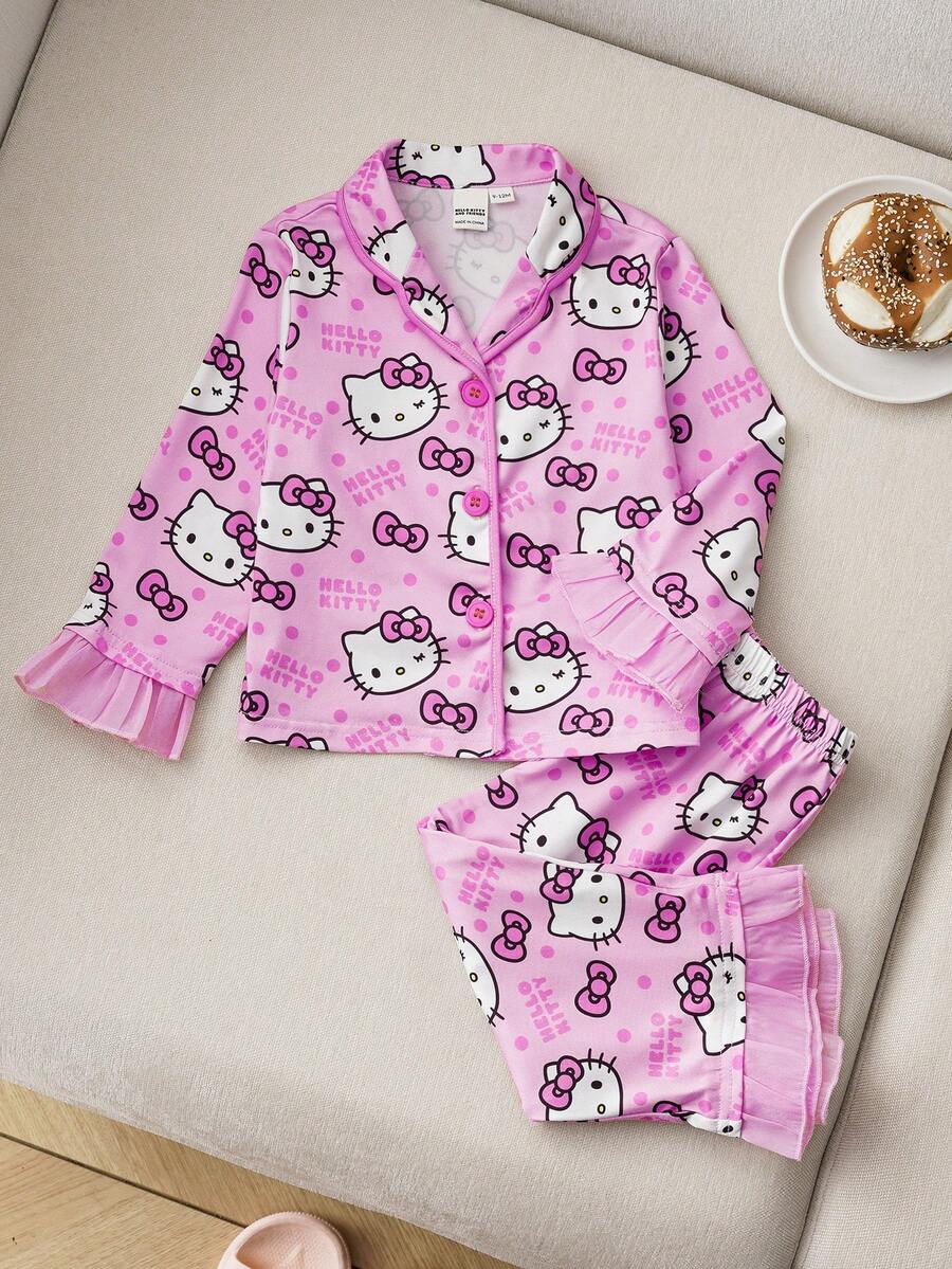 HELLO KITTY AND FRIENDS | SHEIN Baby Girl Cartoon Bow Kitty Cat Allover Print Button Front Top & Pants Pajama Set, Sweet & Lovely, Autumn/Winter Pink Pajama Set Ruffle Trim Pajamas - Pink - View 1