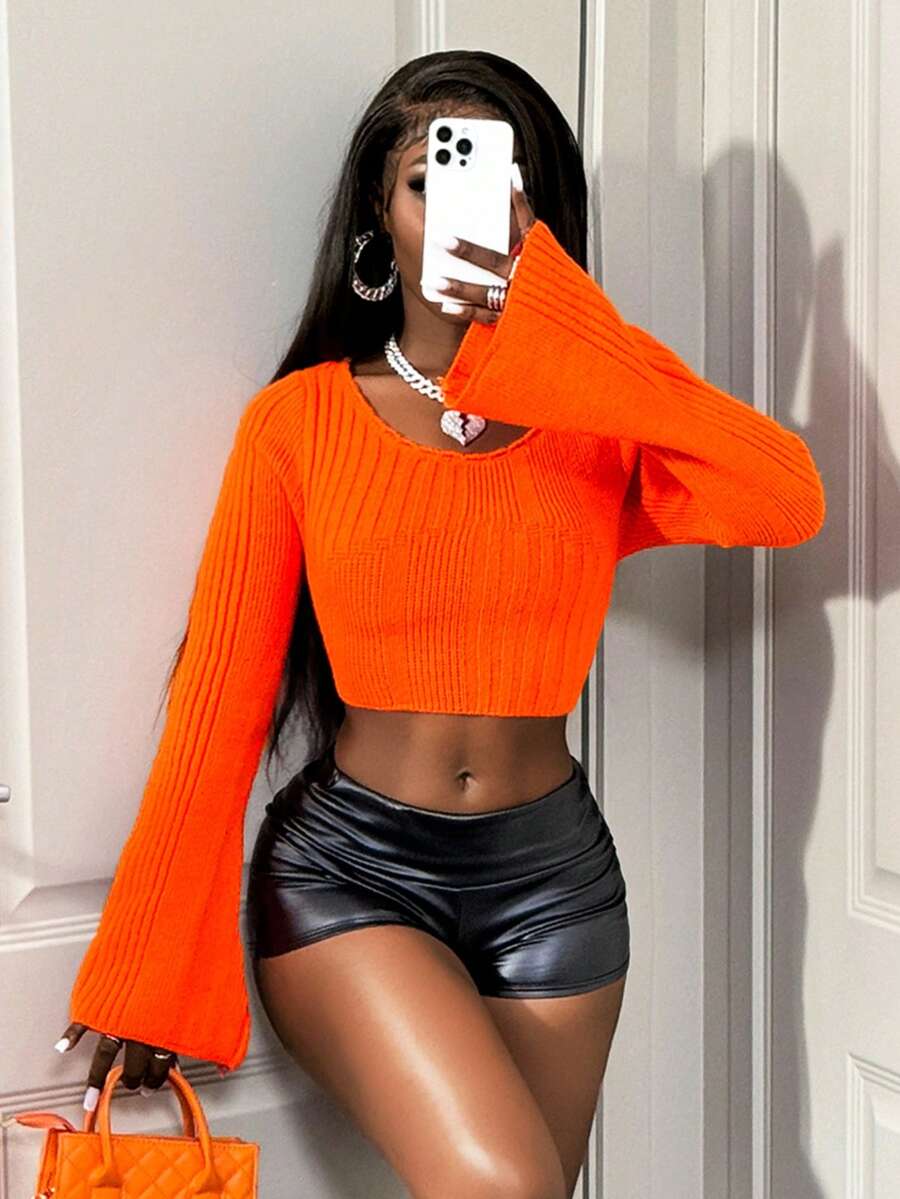 BamGleam Women's Sweater Knitted Long Sleeved Round Neck Flared Sleeve With Cropped Navel Orange Loose Vacation Travel Casual Party Women's Clothing Spring And Autumn Summer Winter Autumn - Orange - View 1