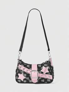 DareSee Y2K 时尚多功能星月装饰独特粉色链条单肩包，女士法棍包，小众时尚设计，蒸汽朋克，哥特风，女士包包，酷女孩街头风，音乐节，派对，摇滚风女士包包，适合女孩街头风格，明星同款印花女士单肩包，完美搭配派对服装，Y2K 音乐节礼物 - 黑色 - 查看 2