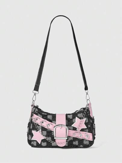 DareSee Sac à bandoulière multifonction à la mode Y2K avec décoration d'étoiles et de lune, sac baguette pour femmes, design de mode de niche, style steampunk, gothique, sac pour dame, streetwear cool pour fille, festival de musique, fête, sac de style rock pour femmes, convient pour le style de rue des filles, sac à bandoulière pour femme avec même imprimé que les célébrités, sacs parfaits pour assortir avec des costumes de fête, festival de musique Y2k