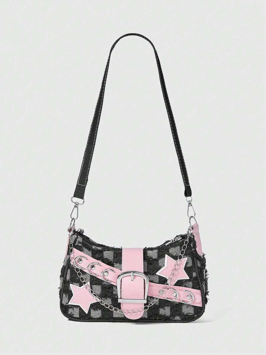 DareSee Y2K 时尚多功能星月装饰独特粉色链条单肩包，女士法棍包，小众时尚设计，蒸汽朋克，哥特风，女士包包，酷女孩街头风，音乐节，派对，摇滚风女士包包，适合女孩街头风格，明星同款印花女士单肩包，完美搭配派对服装，Y2K 音乐节礼物