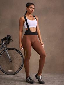 Powerista Women's Letter Print Contrast Color Bib Cycling Pants - Brown - View 1