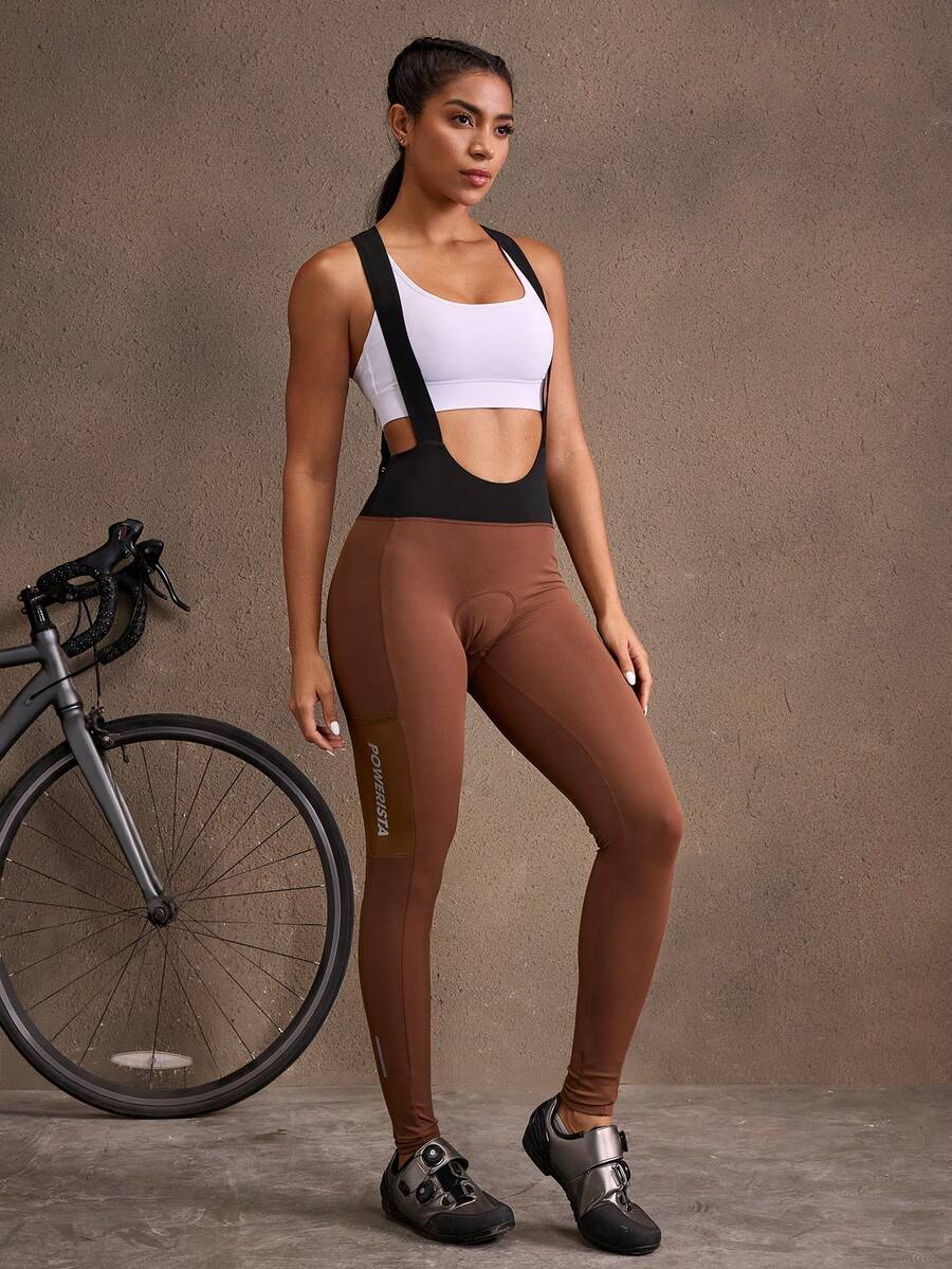 Powerista Women's Letter Print Contrast Color Bib Cycling Pants - Brown - View 1