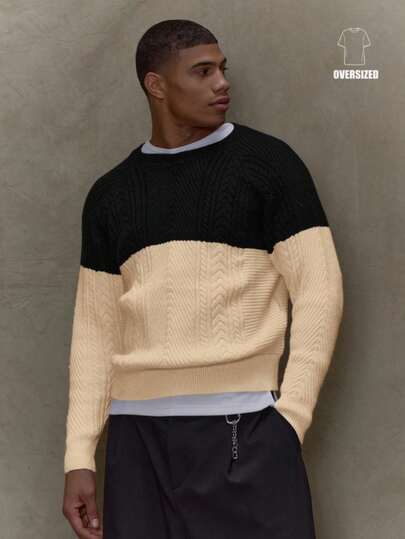 Musero Men Oversized Boxy Fit Contrast Color Way Long Sleeve Knit Jumper Winter
