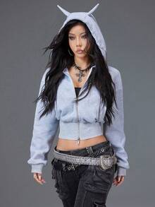 Bloopia Sweatshirt Wanita Polos Model Crop Berkerudung Pas Badan Warna Putih untuk Berenang di Musim Gugur (Basic) - Grey - View 3