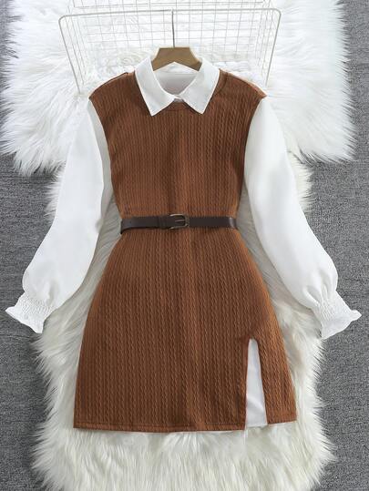 Women's Vacation Casual Elegant Textured Knit Vest Paired With Long Sleeve Collared Shirt Dress 2-Piece Set, Suitable For Everyday Wear