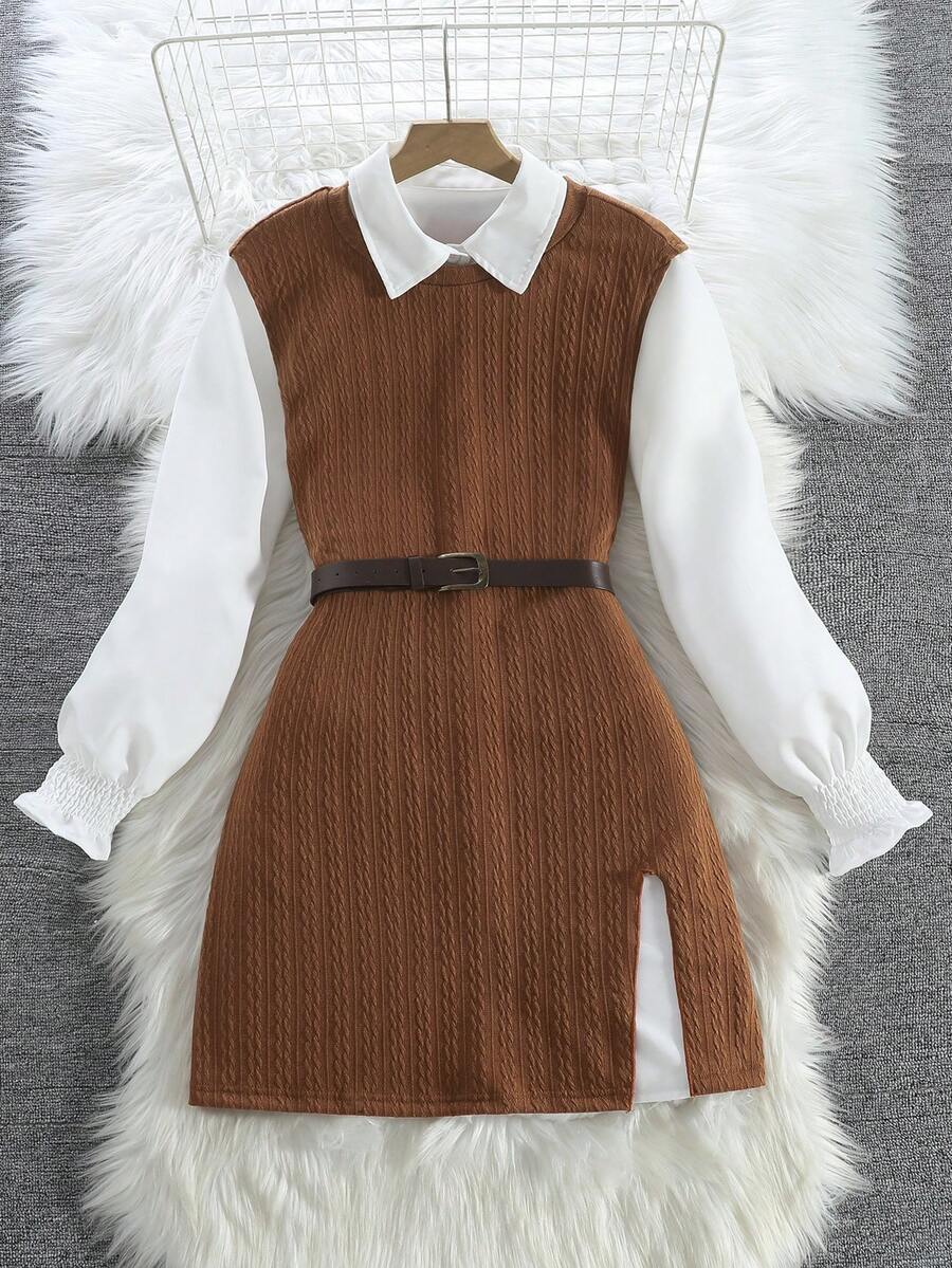 女士度假休闲优雅纹理针织背心搭配长袖翻领衬衫连衣裙两件套，适合日常穿着 - 棕色 - 查看 1