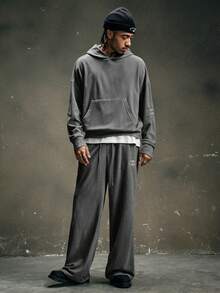 AXEPEAK Men's 2 Pieces Hooded Suit, Polar Fleece Fabric, LOGO Silver Embroidery Pattern, Autumn And Winter Two Pieces Suit - Grey - View 3