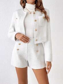 SHEIN Frenchy 女士纯色前扣口袋长袖外套和短裤优雅两件套 - 白色 - 查看 5