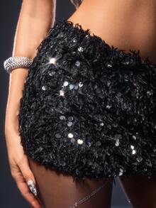 ROMWE Grunge Punk Spódnica mini z bardzo niskim stanem i brokatem i futerkiem, dopasowana, imprezowa