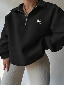 EMERY ROSE Plus Size Embroidered Half-Zip Casual Pullover Pullover Sweatshirt - Black - View 1