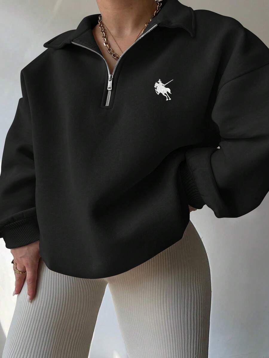 EMERY ROSE Plus Size Embroidered Half-Zip Casual Pullover Pullover Sweatshirt - Black - View 1