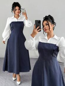 Elenzga Plus Size Women's Elegant Commuter Blue & White Striped Patchwork Collar Single-Breasted Bowknot Design Long Sleeve Puff Sleeve Maxi Fitted Shirt Dress, Spring/Autumn - Multicolor - View 1