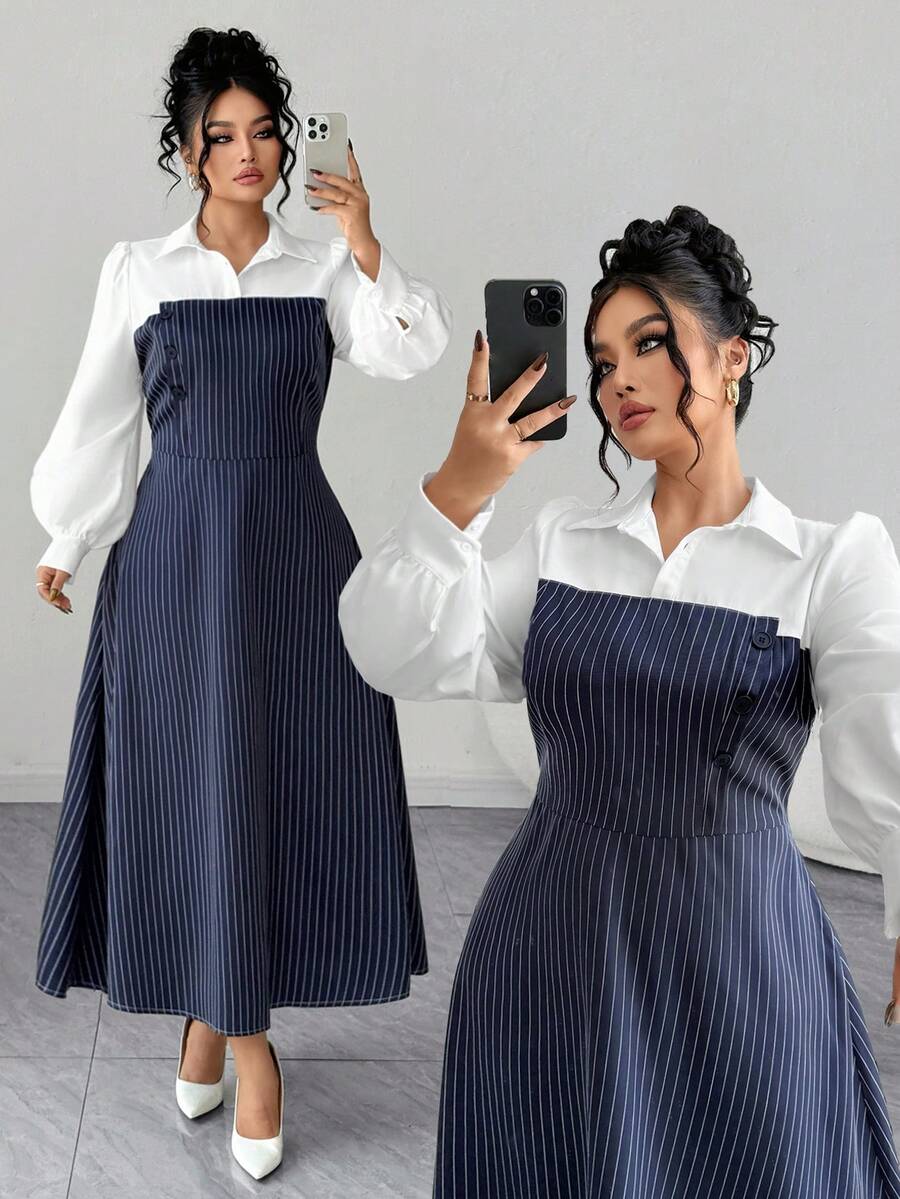 Elenzga Plus Size Women's Elegant Commuter Blue & White Striped Patchwork Collar Single-Breasted Bowknot Design Long Sleeve Puff Sleeve Maxi Fitted Shirt Dress, Spring/Autumn - Multicolor - View 1