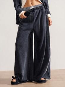 Bohemela Calças largas femininas casuais de malha de cor sólida - Preto - Ver 4