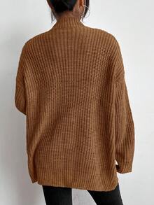 EMERY ROSE Casual Solid Color Front Cardigan With Pockets, Autumn/Winter - Mocha Brown - View 2