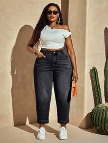 SHEIN SXY 大码休闲日常做旧猫须口袋牛仔裤 - 黑色 - 查看 5