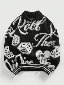 ROMWE MEN Prep Men's Jacquard Knit Cardigan, Dark Streetwear Fashion, Long Sleeve Top - Black and White - View 3