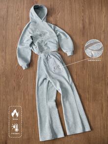 TOKVUE Men's Winter Elastic Solid Color Street Style Gray Sports Suit, Embroidered Details, Men's Sportswear, Men's 2 Pieces Sportswear Set - Light Grey - View 4