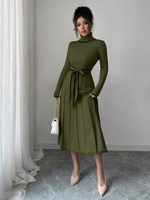 SHEIN Elenzya 女士优雅修身高领撞色滚边罗纹纹理荷叶边下摆毛衣连衣裙，秋冬款 - 軍綠色 - 查看 5