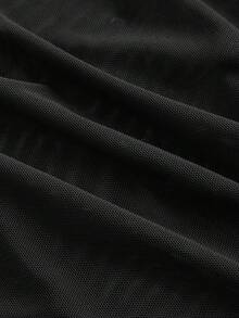 SHEIN MOD 大码女式黑色透视网纱撞色拼接喇叭袖衬衫，黑色上衣，加大码服装，套装，秋季女装，喇叭袖上衣 - 黑色 - 查看 5