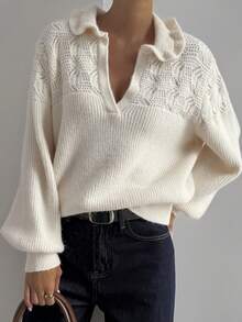 DAZY Women's Elegant Solid Color Turndown Collar Partially Cardigan Sweater, Autumn - Beige - View 1