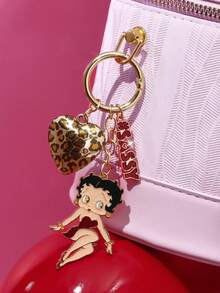 Betty Boop x SHEIN 锌合金女士钥匙扣包包挂件豹纹立体爱心吊坠闪粉，适合挂在包包和钥匙上，礼品收藏纪念，送礼佳品，派对，节日，情人节 - 彩色 - 查看 4