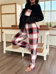 Snug Zone 女士保暖法兰绒格子蓬松睡衣套装，秋冬服装，舒适 - 黑色 - 查看 3