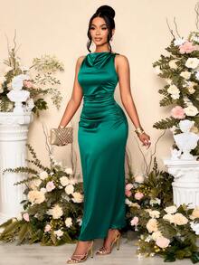 SOLERSUN Women's Elegant Solid Color Drape Neck Ruched Sleeveless Party Dress,Perfect For Banquets