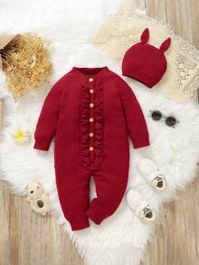 SHEIN Vintaside Kids 女婴杏色休闲荷叶边毛衣连体裤 - 紅色 - 查看 3