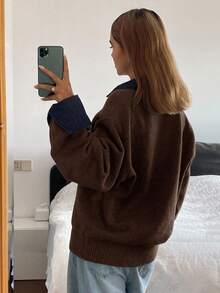 Livesso Women's Autumn Denim Patchwork Loose Knit Sweater With Turndown Collar - Coffee Brown - View 2