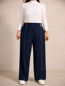 Elaquor Plus Size Casual Versatile Loose Pants Navy Blue Old Money Office