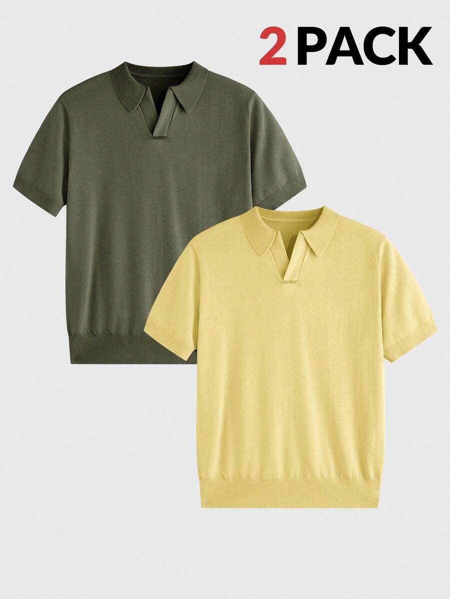 Manfinity VCAY 2 件装男士简约丝滑短袖针织 Polo 衫,柠檬黄 Polo 衫,橄榄绿 Polo 衫,夏季简约纯色 Polo 衫,华夫格针织 Polo 衫,吸湿排汗高尔夫上衣,现代剪裁商务休闲装 - 彩色 - 查看 1