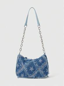 ROMWE Grunge Punk 装饰扣细节、缝线、链条肩带单肩包、女士装饰扣单肩包、街头时尚流浪包、小号/中号斜挎包和钱包套装、适合购物、约会、女士礼物、适合少女、大学生、工作、商务、通勤 - 藍色 - 查看 1