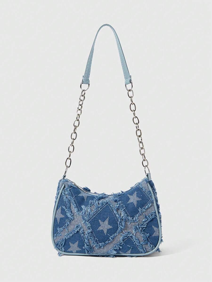 ROMWE Grunge Punk 装饰扣细节、缝线、链条肩带单肩包、女士装饰扣单肩包、街头时尚流浪包、小号/中号斜挎包和钱包套装、适合购物、约会、女士礼物、适合少女、大学生、工作、商务、通勤 - 藍色 - 查看 1