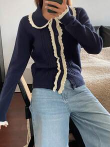 Livesso Women's Ruffled Collar Cardigan, Autumn/Winter - Navy Blue - View 1