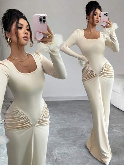 Elenzga Vestido de mujer de manga larga, ajustado, de unicolor, con cuello alto y volantes, elegante y de moda, para primavera y otoño