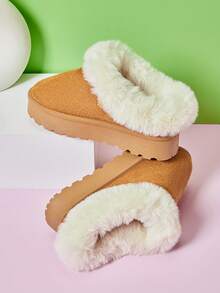 Mini mi #CozySteps Kids' Fabric Suede Tan Platform Clogs With Plush Fur Collar – Warm & Snug Style For Everyday Adventures