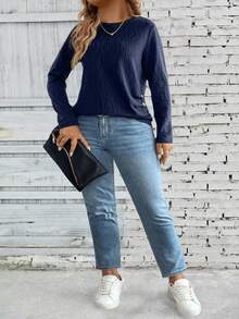 EMERY ROSE Maglietta a maniche lunghe in tinta unita con texture, casual, per l'autunno, taglie comode - Blu Navy - Visualizzare 3