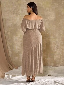 Roveilla Váy đuôi cá hở vai họa tiết hoa mẫu đơn kiểu Pháp cỡ lớn dành cho nữ - Màu be - Xem 2