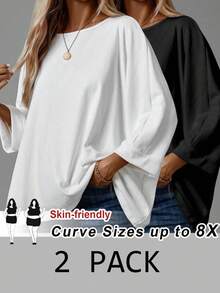SHEIN CURVE+ 2pcs/Set Women Plus Size Casual Loose 3/4 Sleeve T-Shirt/Winter