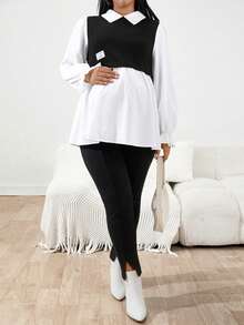 SHEIN 秋季服装，秋季孕妇装，孕妇加大码两件套，长袖上衣搭配可调节腰裤，休闲套装，加大码套装，打底裤，加大码女装，时尚加大码，加大码打底裤，加大码紧身裤，加大码女装两件套，曲线加大码，加大码套装，开衩打底裤，女士打底裤 - 黑與白 - 查看 4