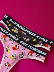 THE POWERPUFF GIRLS X SHEIN 2 piezas Tanga sexy de mujer con contraste de letras y patrón de Blossom, Bubbles y Buttercup de las Chicas Superpoderosas en negro y rosa, ropa interior suave y cómoda, linda, kawaii y dulce para mujeres