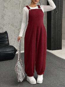 SHEIN EZwear 大码酒红色弹力抓绒罗纹背带裤，秋冬季