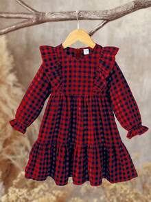 Emery Rose Kids 少女 小女孩 双胞胎女孩 格子宽松可爱休闲格子图案荷叶边荷叶袖灯芯绒法式连衣裙，长袖连衣裙，秋冬格子连衣裙，夏秋，非常适合休闲日常穿着和上学日常穿着，母女和姐妹装。 - 酒紅色 - 查看 7