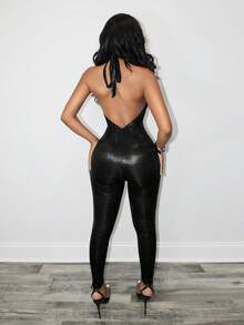 BamGleam Damen Jumpsuit mit tiefem V-Ausschnitt und Schnürdetail