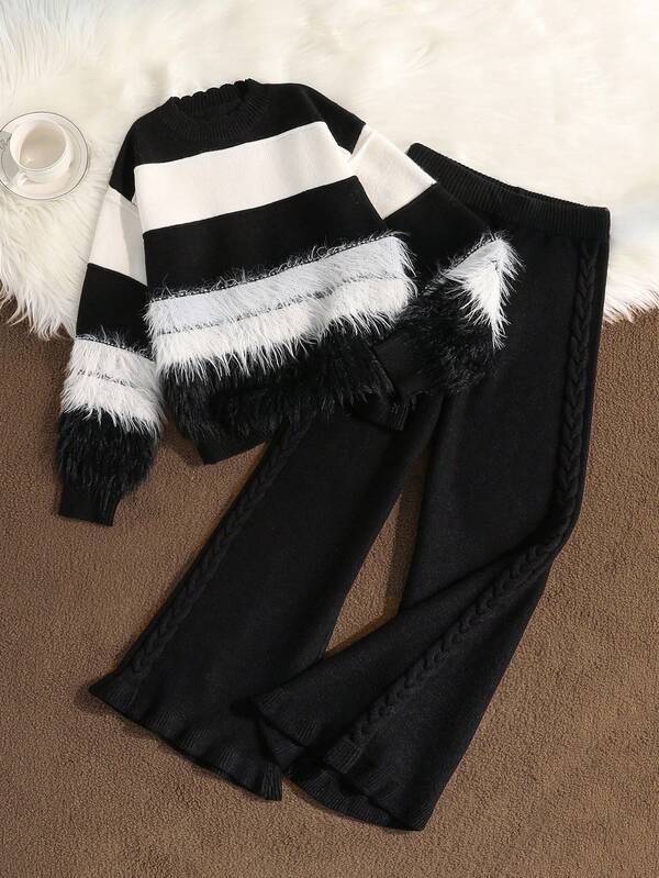 Elladie kids 2 件套女童黑色条纹撞色针织毛衣和荷叶边下摆裤套装，温暖舒适的秋冬休闲装